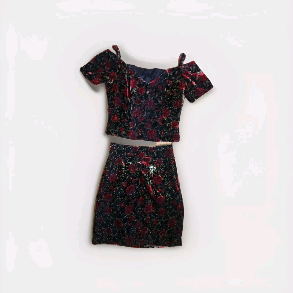 VTG Rampage Paris 2 Piece Corset Top & Skirt Crushed Velvet Floral Y2K 90s